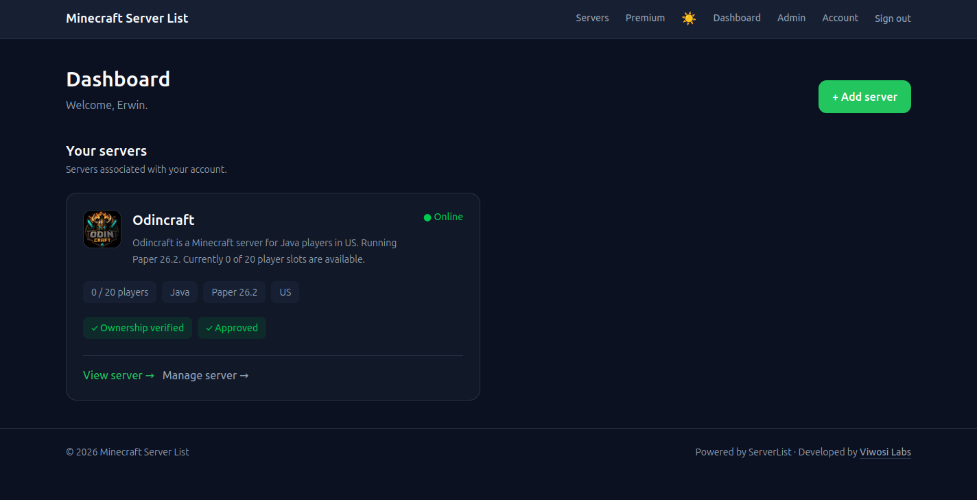 ServerList user dashboard