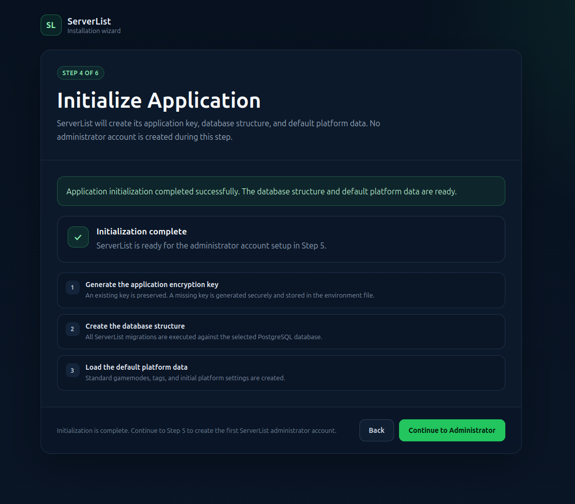 ServerList installation wizard